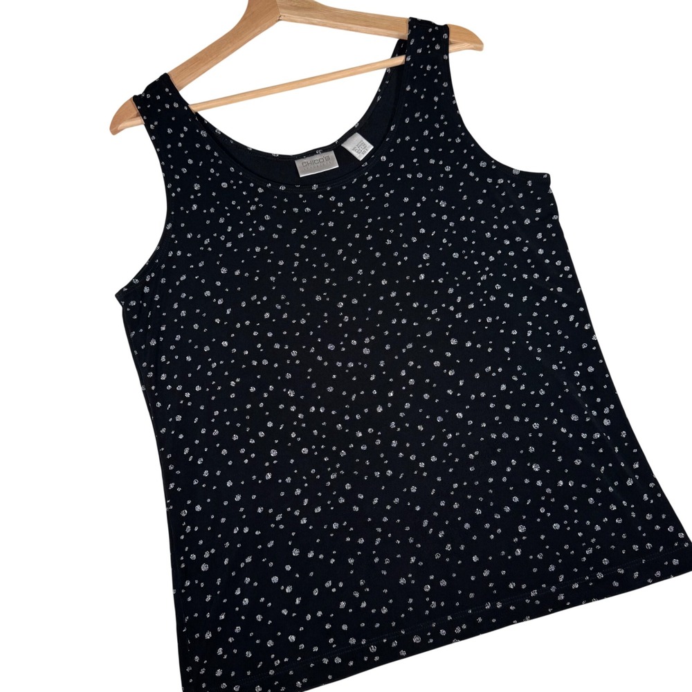 Chicos Travelers Tank Top Womens Size 3 US XL Polka Dot Scoop Neck Black White